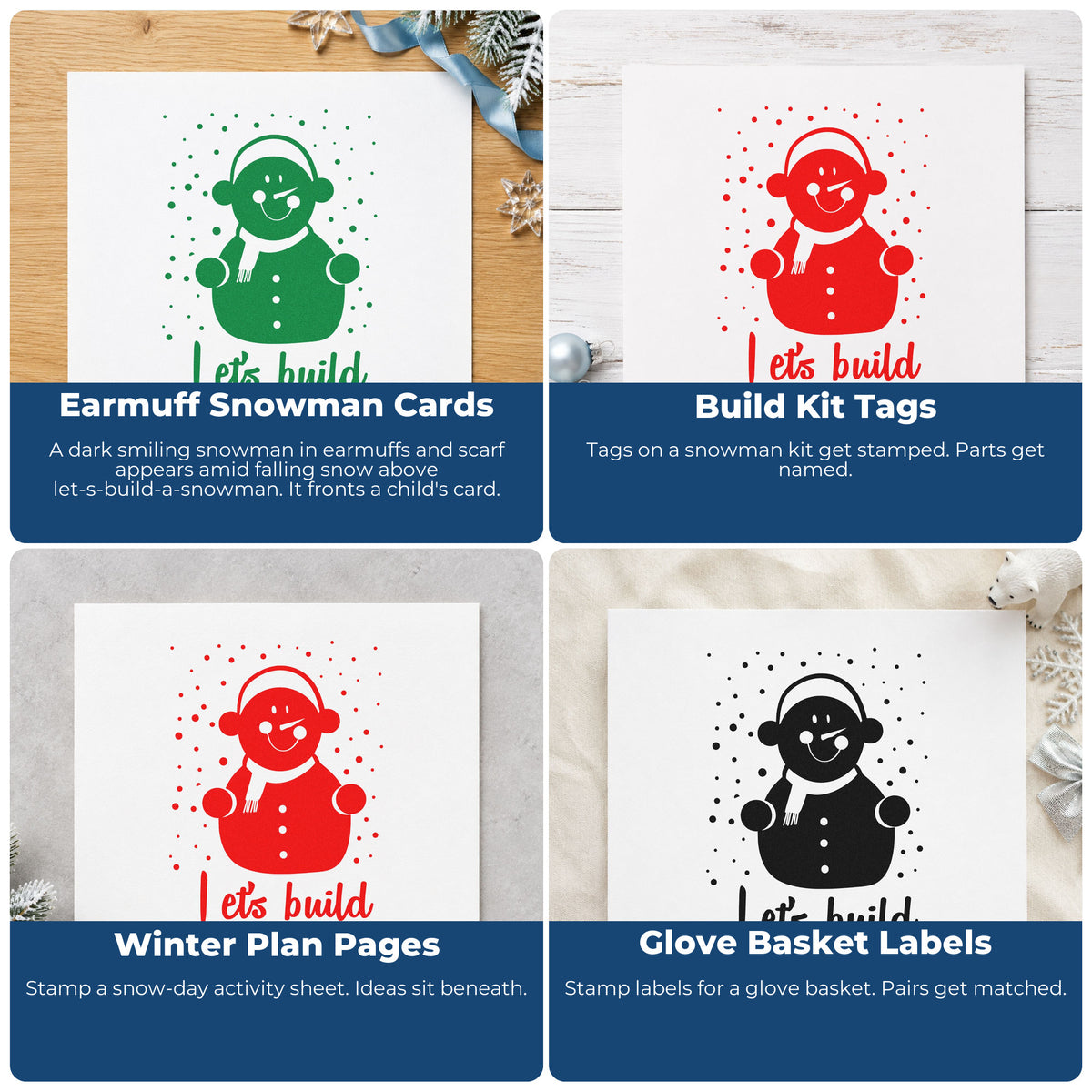 Four ways to use the Build A Snowman Winter Lettering Wood Handle Stamp: earmuff snowman cards, build kit tags, winter plan pages and glove basket labels.