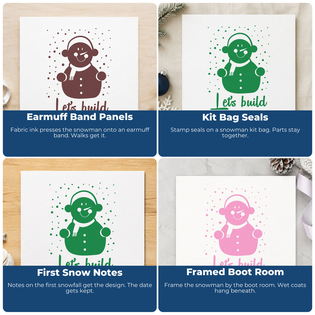 Four ways to use the Build A Snowman Winter Lettering Premium Wooden Stamp - Vintage Pro: earmuff band panels, kit bag seals, first snow notes and framed boot room.