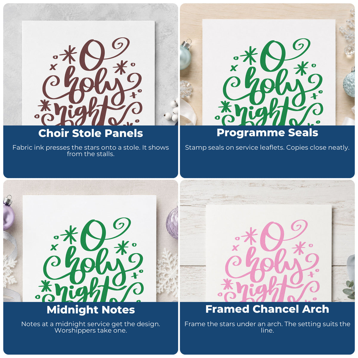 Four ways to use the O Holy Night Hand Stamp – Duo: choir stole panels, programme seals, midnight notes and framed chancel arch.