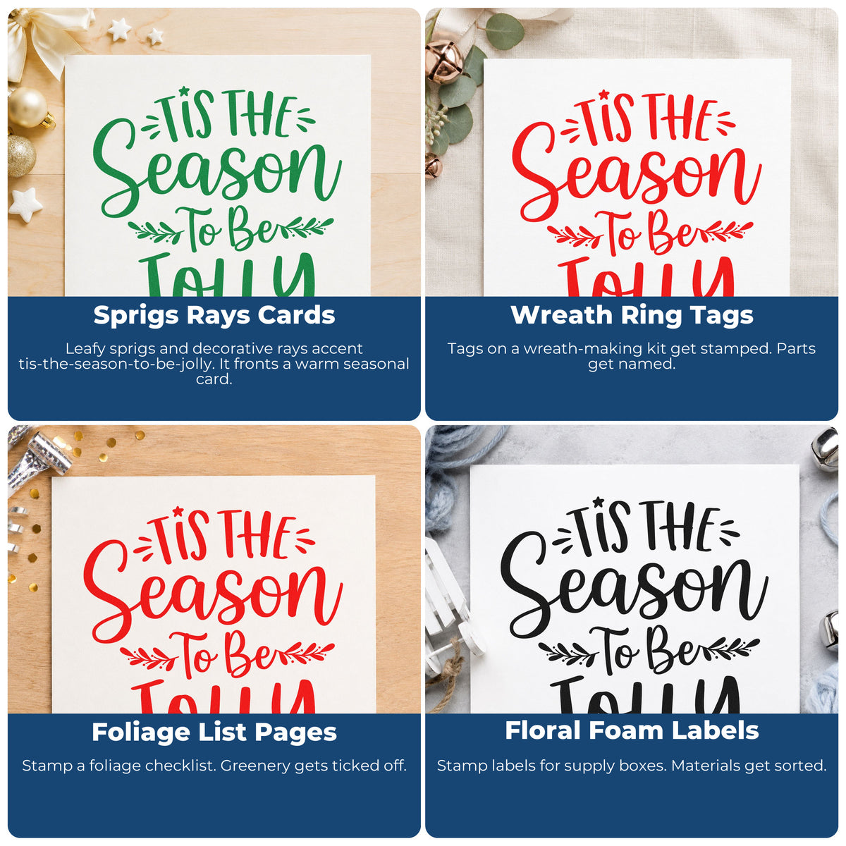 Four ways to use the Vintage Pro Tis Season To Be Jolly Sprigs Premium Wooden Stamp: sprigs rays cards, wreath ring tags, foliage list pages and floral foam labels.