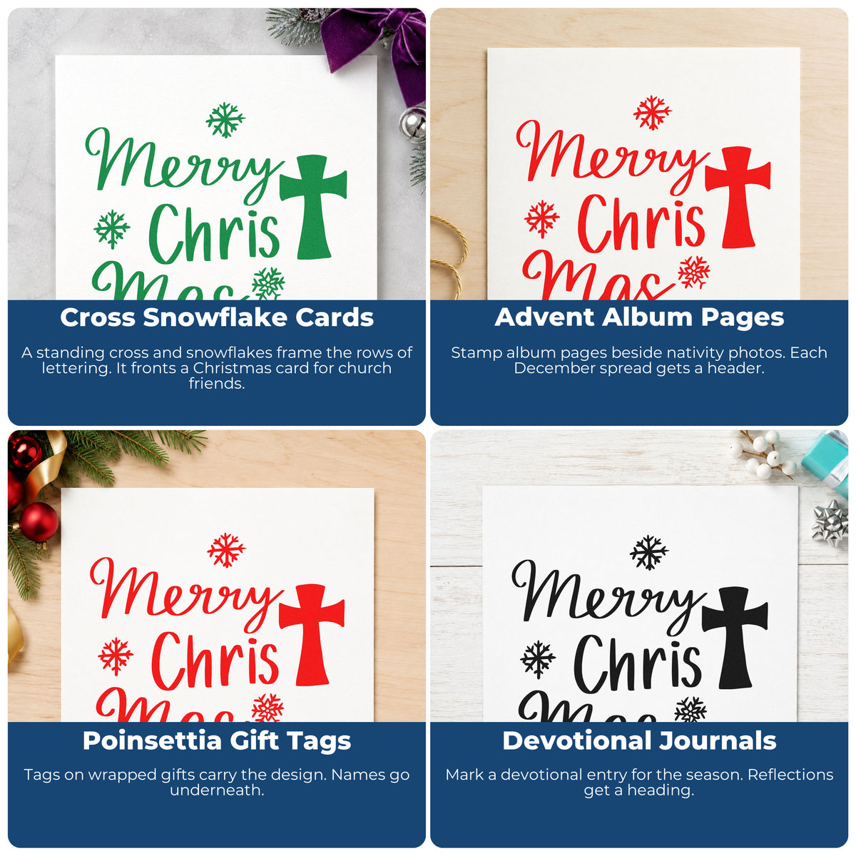 Four ways to use the Merry Christmas Hand Stamp – Duo: cross snowflake cards, advent album pages, poinsettia gift tags and devotional journals.