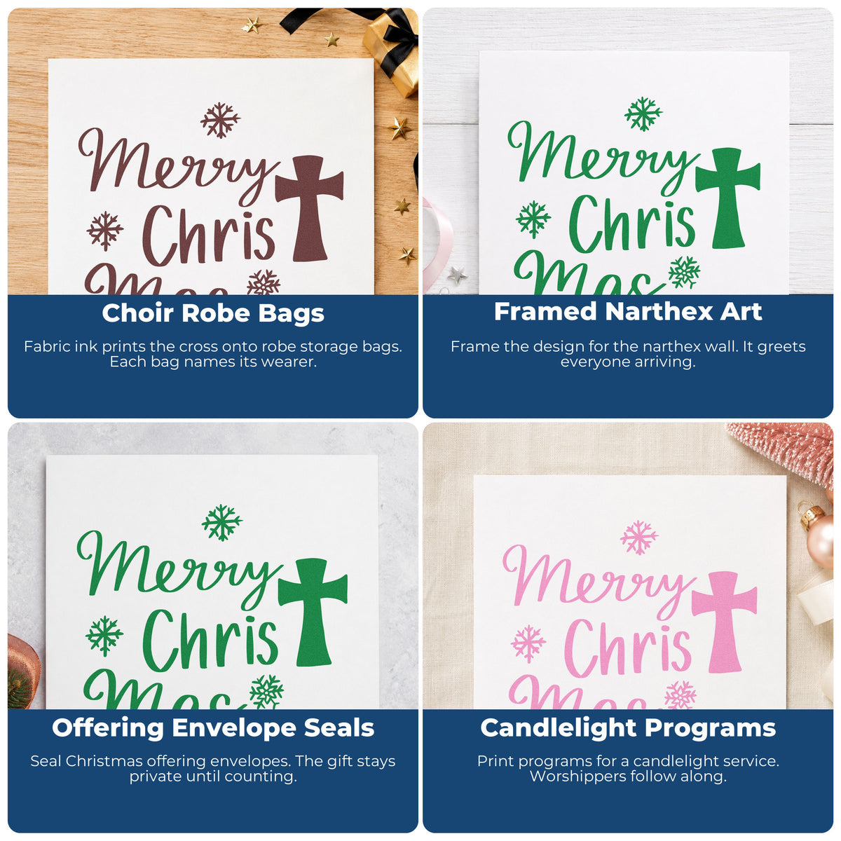 Four ways to use the Merry Christmas Hand Stamp – Duo: choir robe bags, framed narthex art, offering envelope seals and candlelight programs.