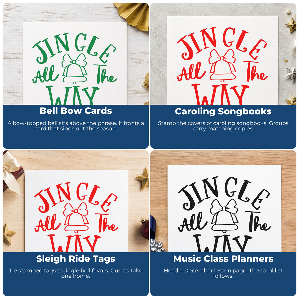 Four ways to use the Jingle All The Way Bell PSI Pre-Inked Stamp: bell bow cards, caroling songbooks, sleigh ride tags and music class planners.