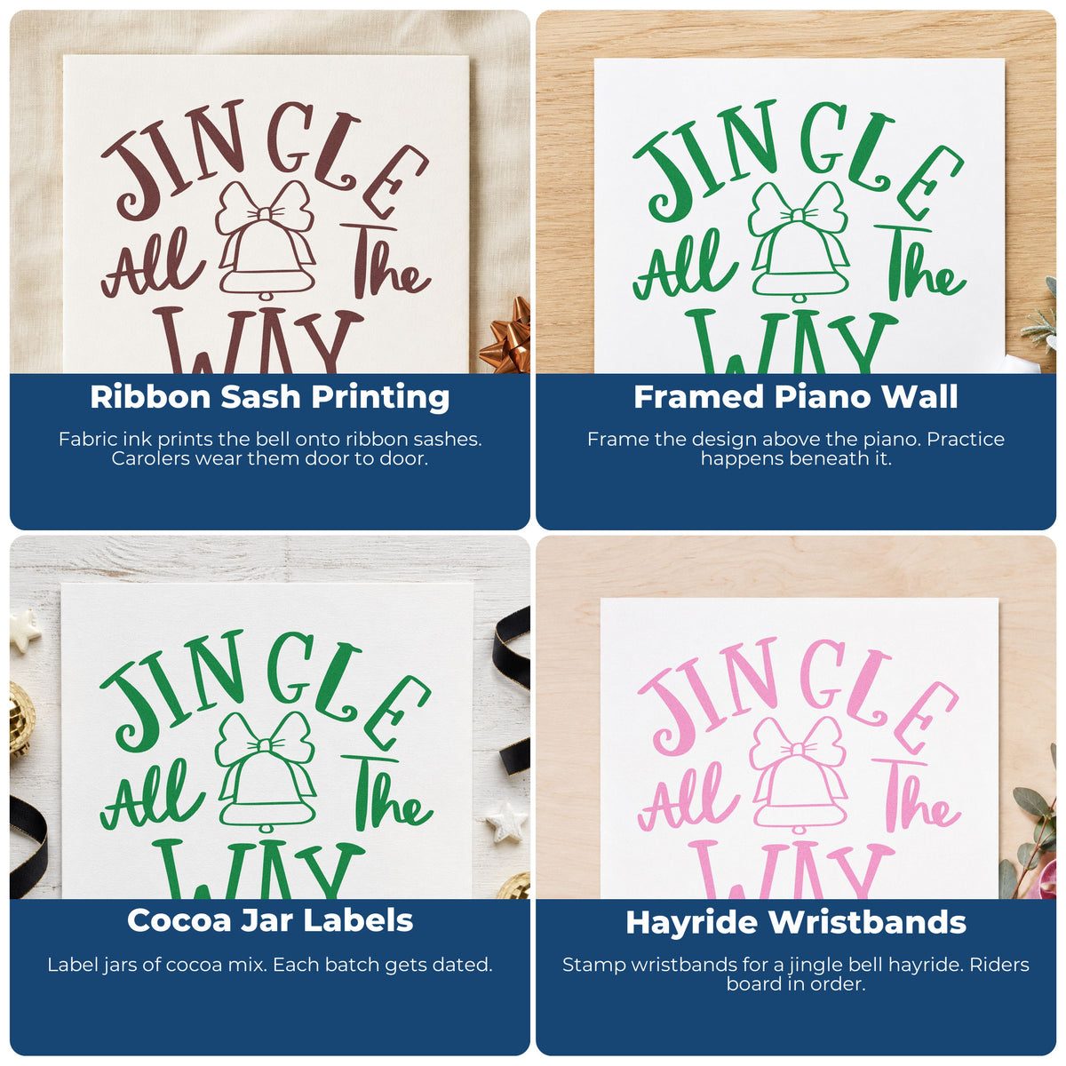 Four ways to use the Jingle All The Way Bell Premium Wooden Stamp - Vintage Pro: ribbon sash printing, framed piano wall, cocoa jar labels and hayride wristbands.