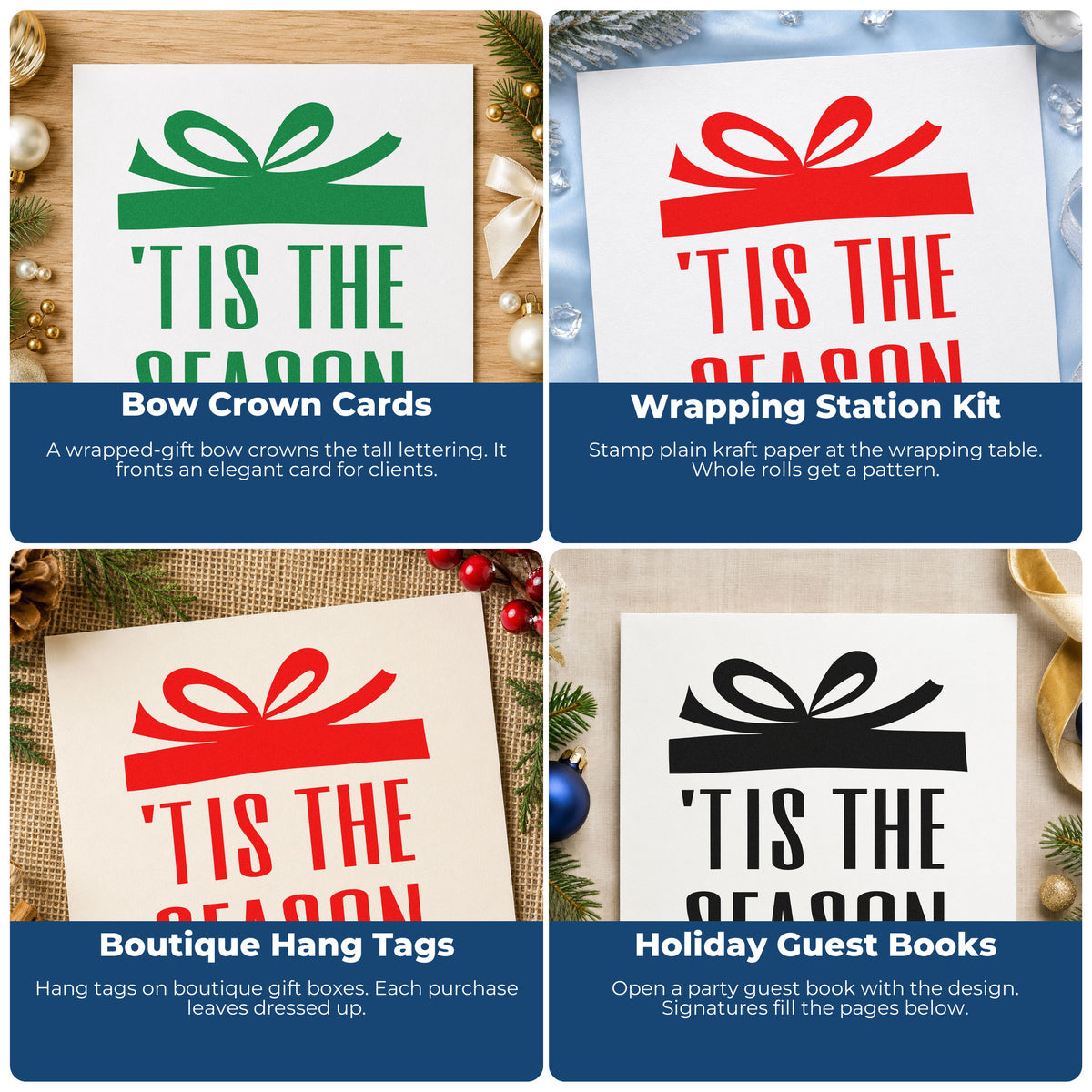 Four ways to use the Tis The Season Gift Bow Accent Duo Hand Stamp: bow crown cards, wrapping station kit, boutique hang tags and holiday guest books.