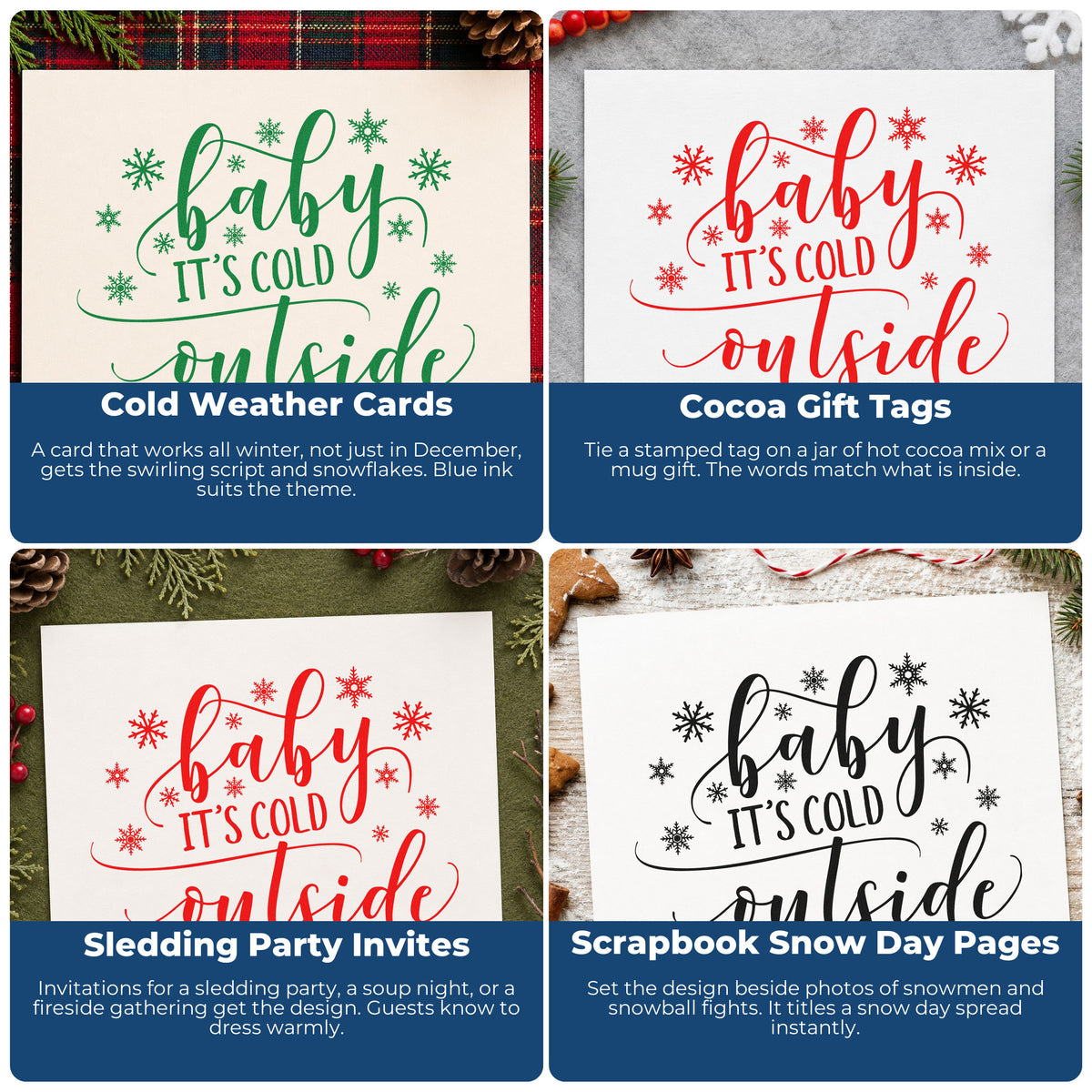 Christmas rubber stamp ideas for wrapping paper, greeting cards, advent calendars, and ornaments with festive holiday sayings.