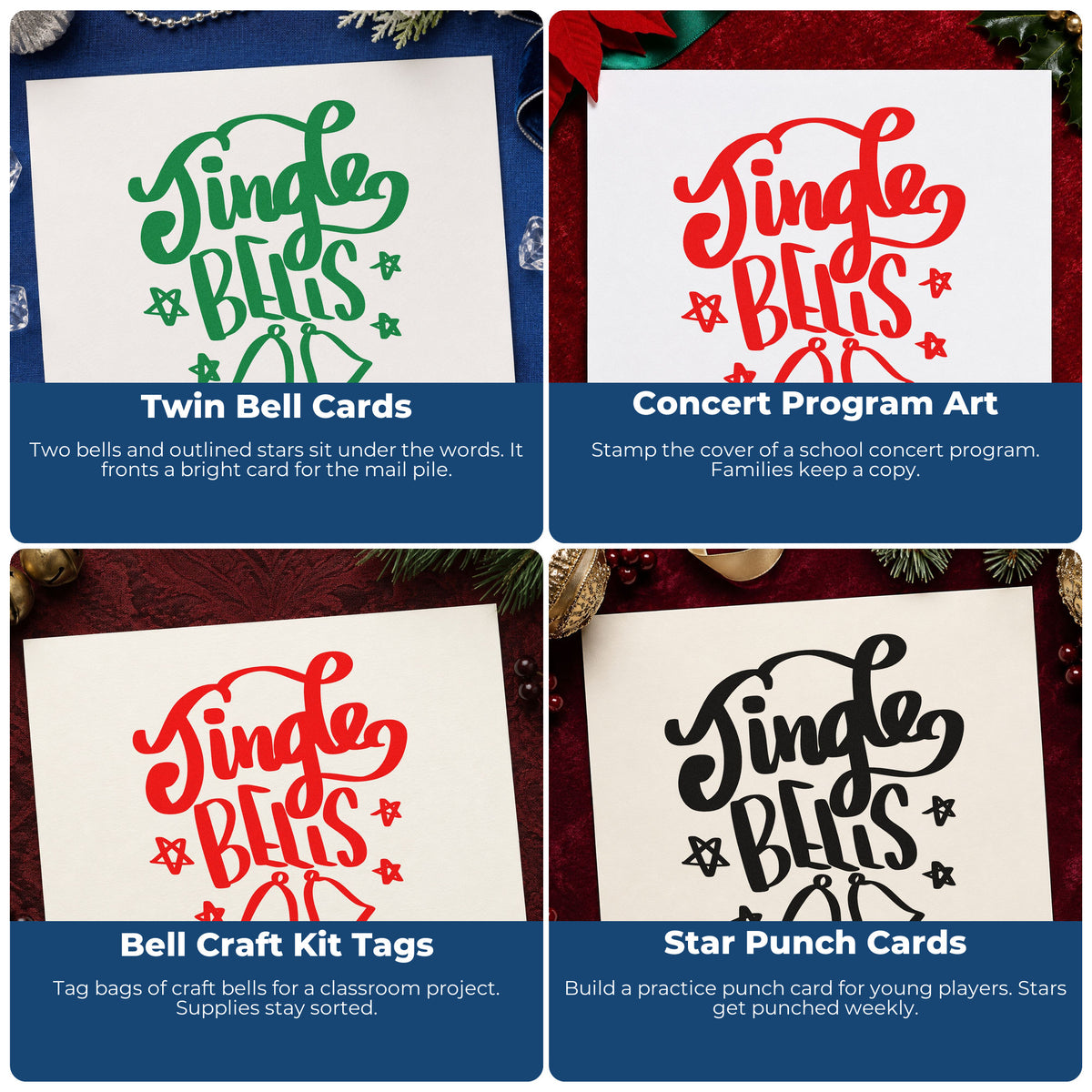 Four ways to use the Jingle Bells With Bells Pre-Inked Stamp – PSI: twin bell cards, concert program art, bell craft kit tags and star punch cards.