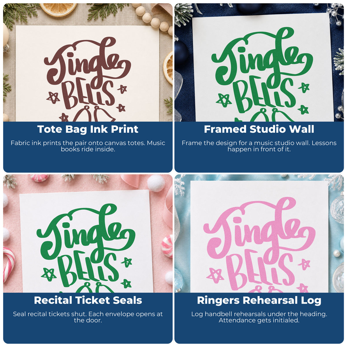 Four ways to use the Jingle Bells With Bells Stamp – Duo Hand: tote bag ink print, framed studio wall, recital ticket seals and ringers rehearsal log.