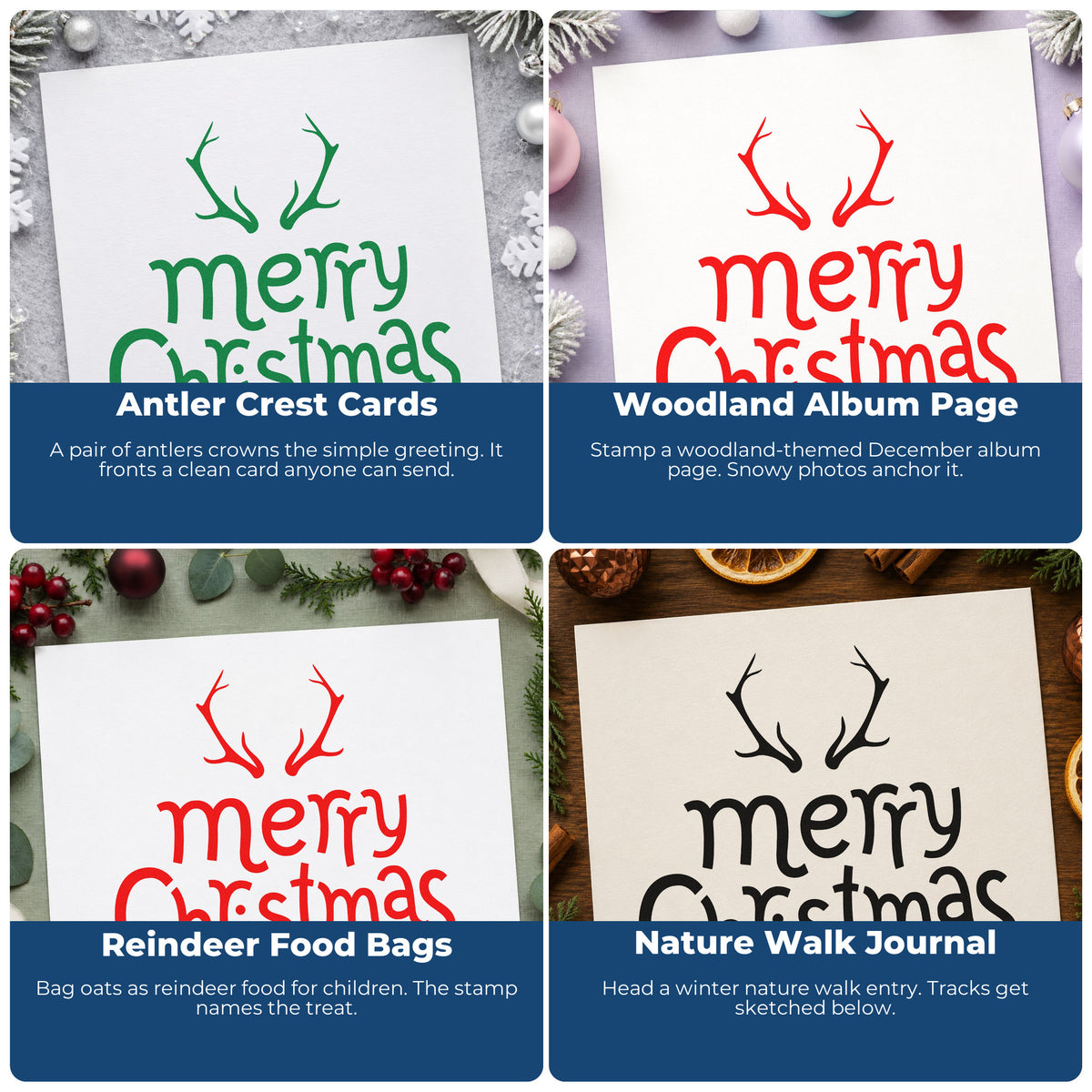 Four ways to use the Merry Christmas Antlers Lettering Rubber Stamp – Duo Hand: antler crest cards, woodland album page, reindeer food bags and nature walk journal.