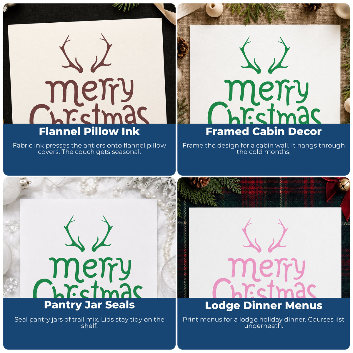 Four ways to use the Merry Christmas Antlers Lettering Rubber Stamp – Duo Hand: flannel pillow ink, framed cabin decor, pantry jar seals and lodge dinner menus.