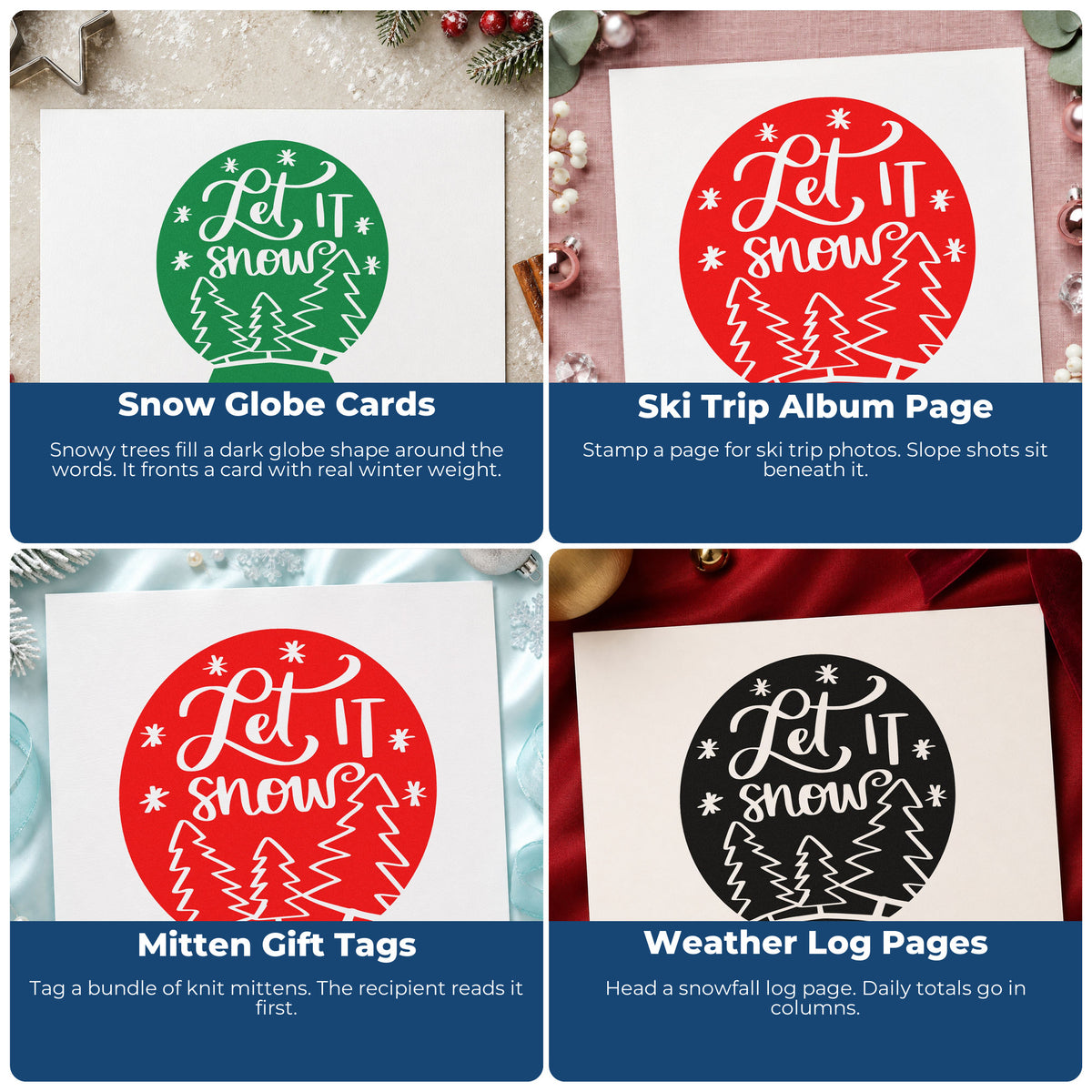 Four ways to use the Vintage Pro Snow Globe With Let It Snow Premium Wooden Stamp: snow globe cards, ski trip album page, mitten gift tags and weather log pages.