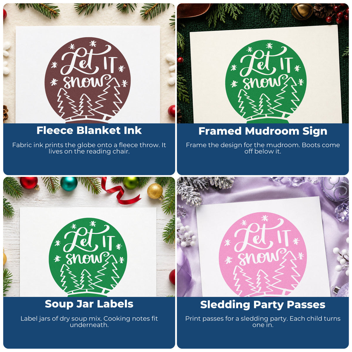 Four ways to use the Vintage Pro Snow Globe With Let It Snow Premium Wooden Stamp: fleece blanket ink, framed mudroom sign, soup jar labels and sledding party passes.