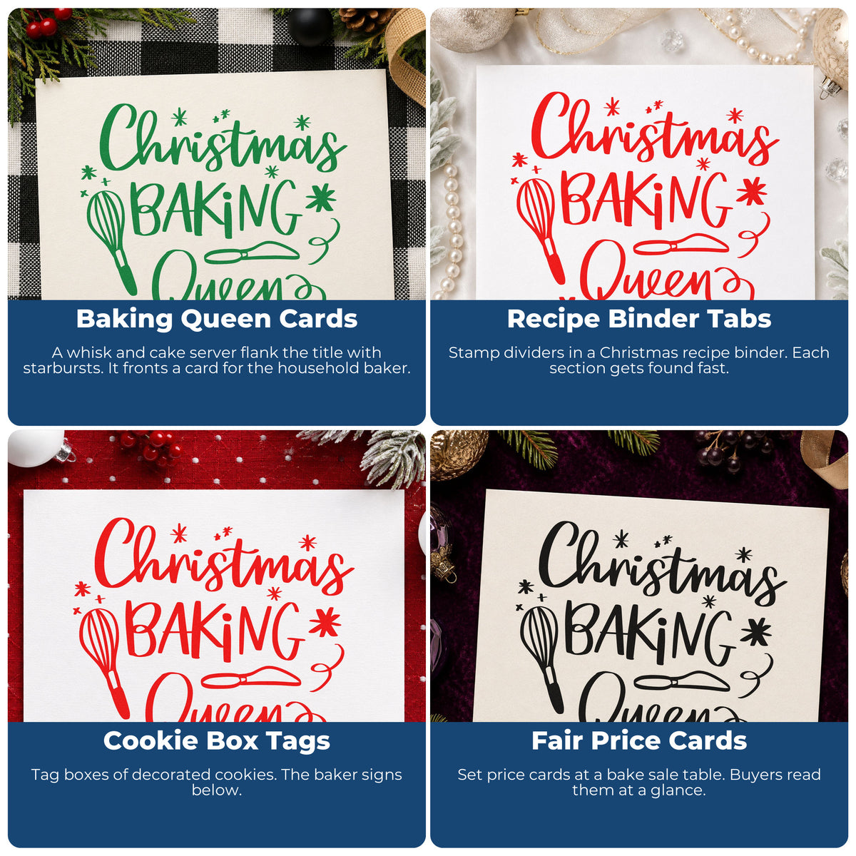 Four ways to use the Christmas Baking Queen Whisk And Server Premium Wooden Stamp - Vintage Pro: baking queen cards, recipe binder tabs, cookie box tags and fair price cards.