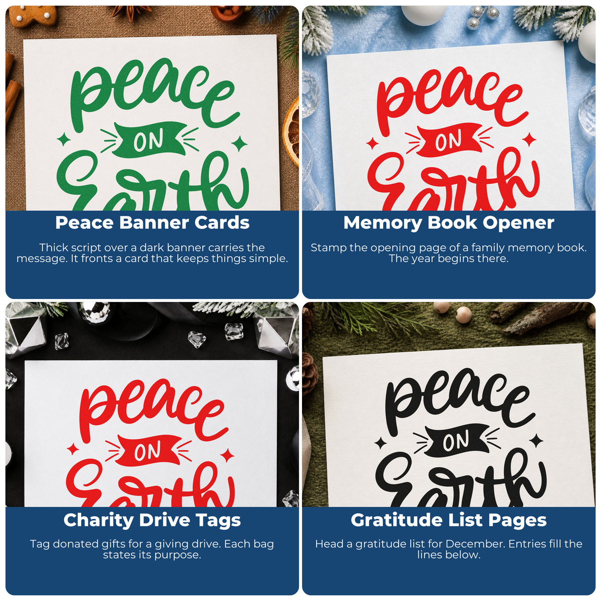 Four ways to use the Peace On Earth Banner Premium Wooden Stamp - Vintage Pro: peace banner cards, memory book opener, charity drive tags and gratitude list pages.