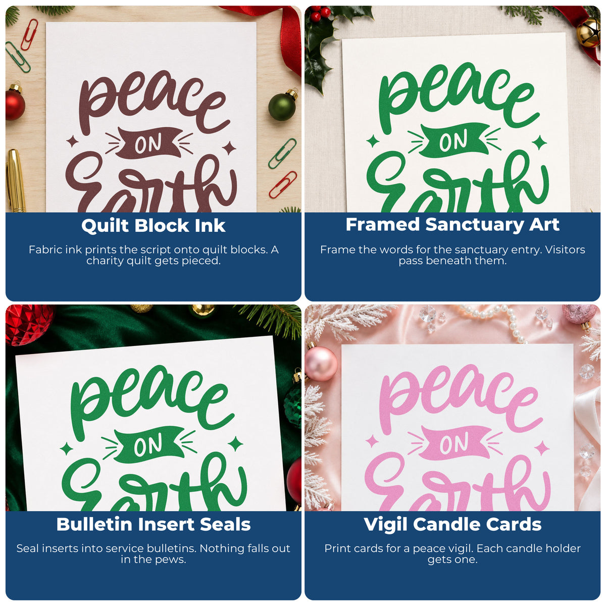 Four ways to use the Peace On Earth Banner Rubber Stamp – Duo Hand: quilt block ink, framed sanctuary art, bulletin insert seals and vigil candle cards.