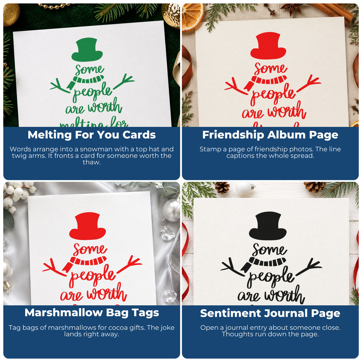 Four ways to use the Worth Melting For Snowman Hat Craft Stamp – Self-Inking: melting for you cards, friendship album page, marshmallow bag tags and sentiment journal page.