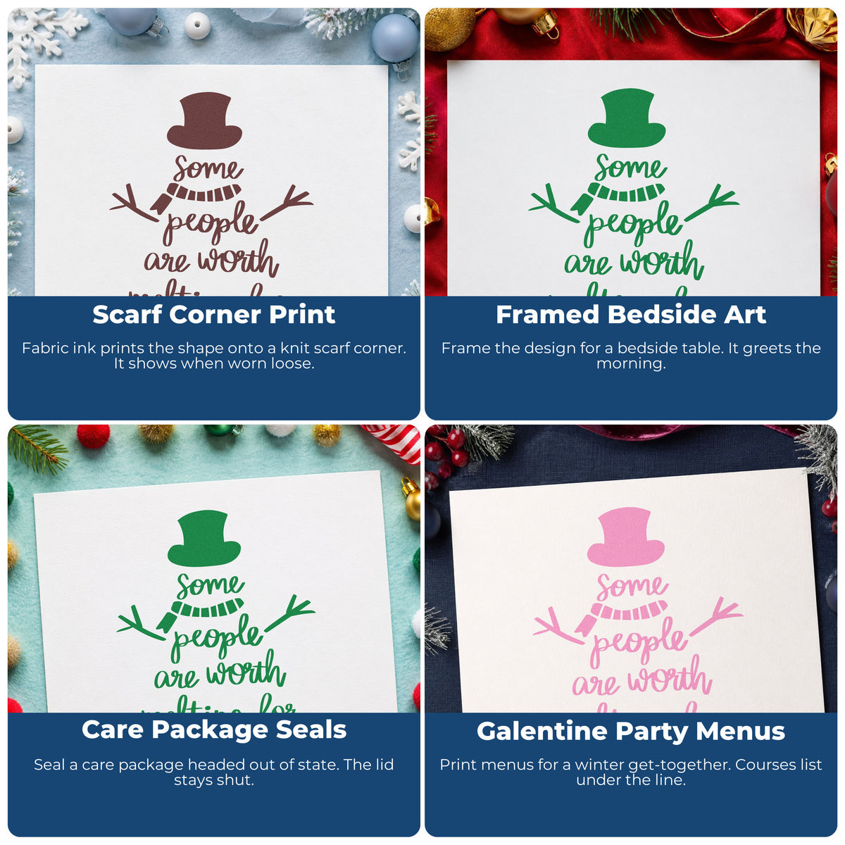 Four ways to use the Worth Melting For Snowman Hat Hand Stamp – Duo: scarf corner print, framed bedside art, care package seals and galentine party menus.
