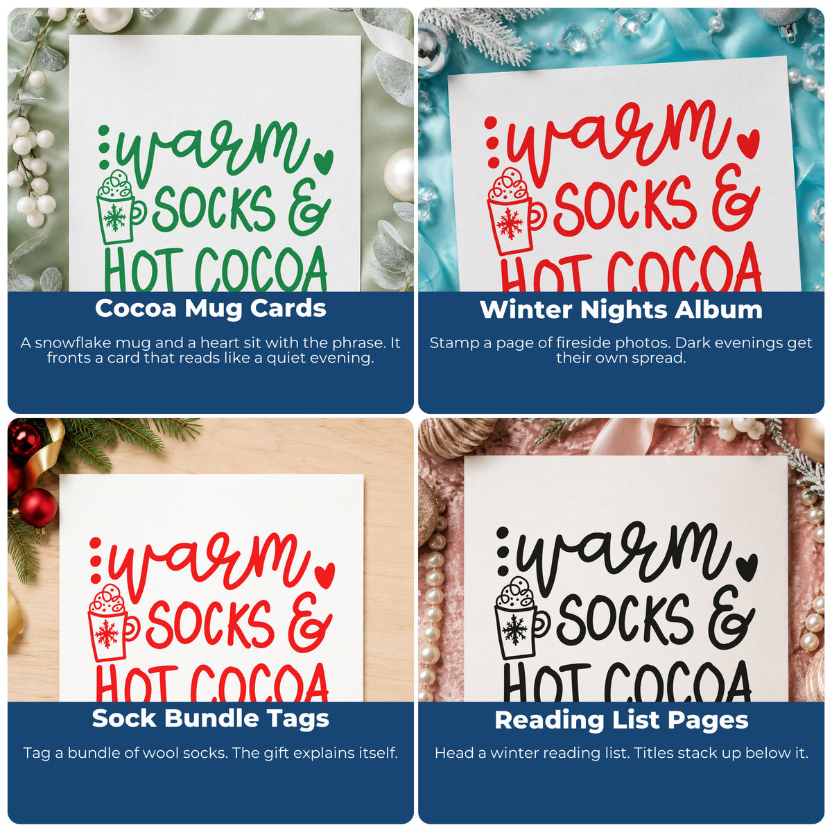 Four ways to use the Warm Socks And Hot Cocoa Premium Wood-Mounted Stamp - Vintage Pro: cocoa mug cards, winter nights album, sock bundle tags and reading list pages.