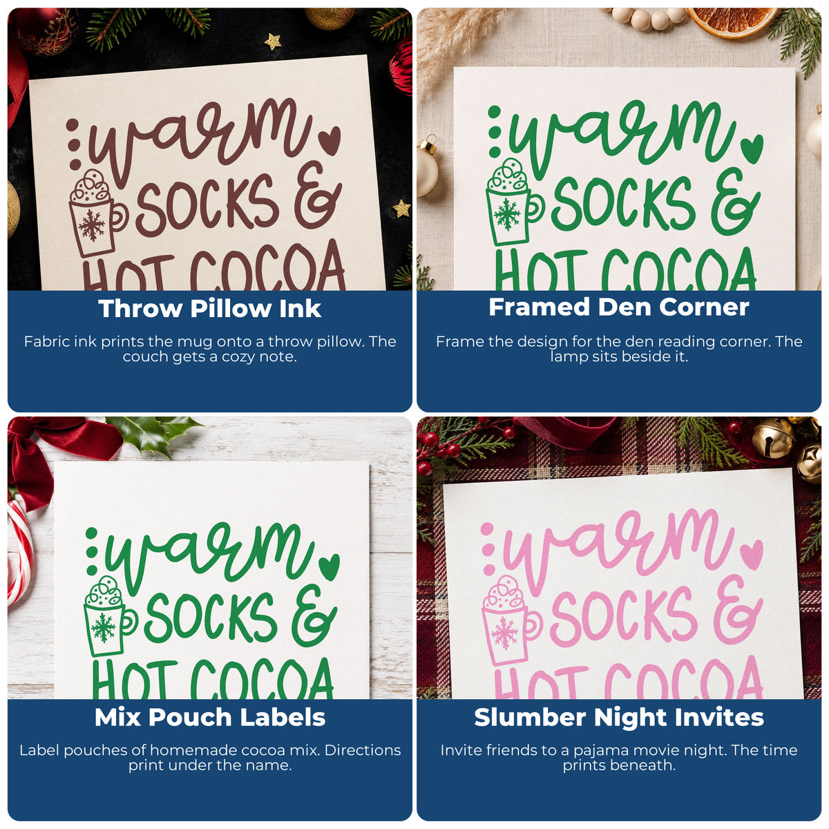 Four ways to use the Warm Socks And Hot Cocoa Self-Inking Stamp: throw pillow ink, framed den corner, mix pouch labels and slumber night invites.
