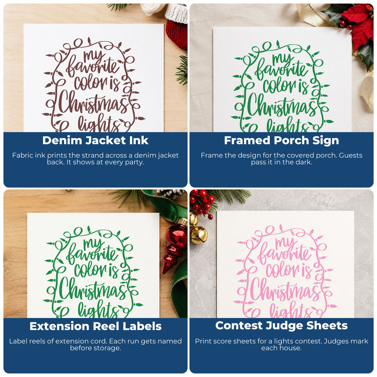 Four ways to use the Favorite Color Christmas Lights Rubber Stamp – Wood Handle: denim jacket ink, framed porch sign, extension reel labels and contest judge sheets.
