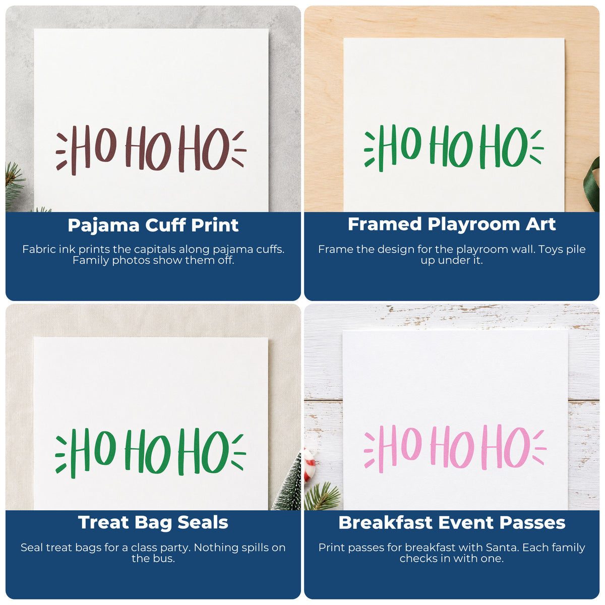 Four ways to use the Ho Ho Ho Lettering Rubber Stamp – Duo Hand: pajama cuff print, framed playroom art, treat bag seals and breakfast event passes.
