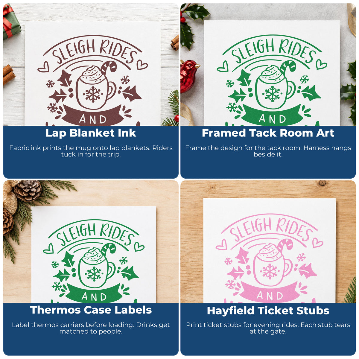 Four ways to use the Sleigh Rides And Hot Cocoa Snowflakes PSI Pre-Inked Stamp: lap blanket ink, framed tack room art, thermos case labels and hayfield ticket stubs.