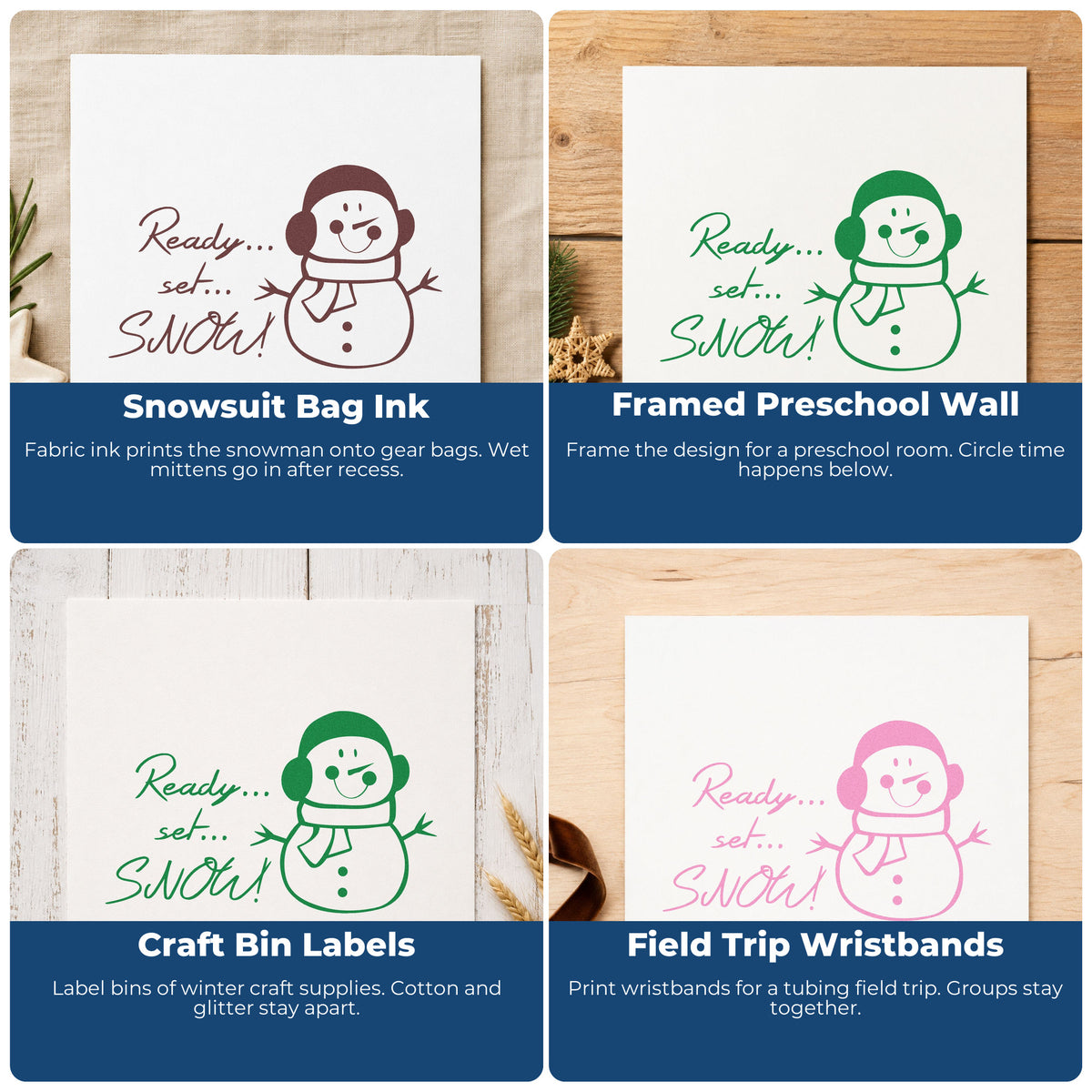 Four ways to use the Ready Set Snow Snowman PSI Pre-Inked Stamp: snowsuit bag ink, framed preschool wall, craft bin labels and field trip wristbands.