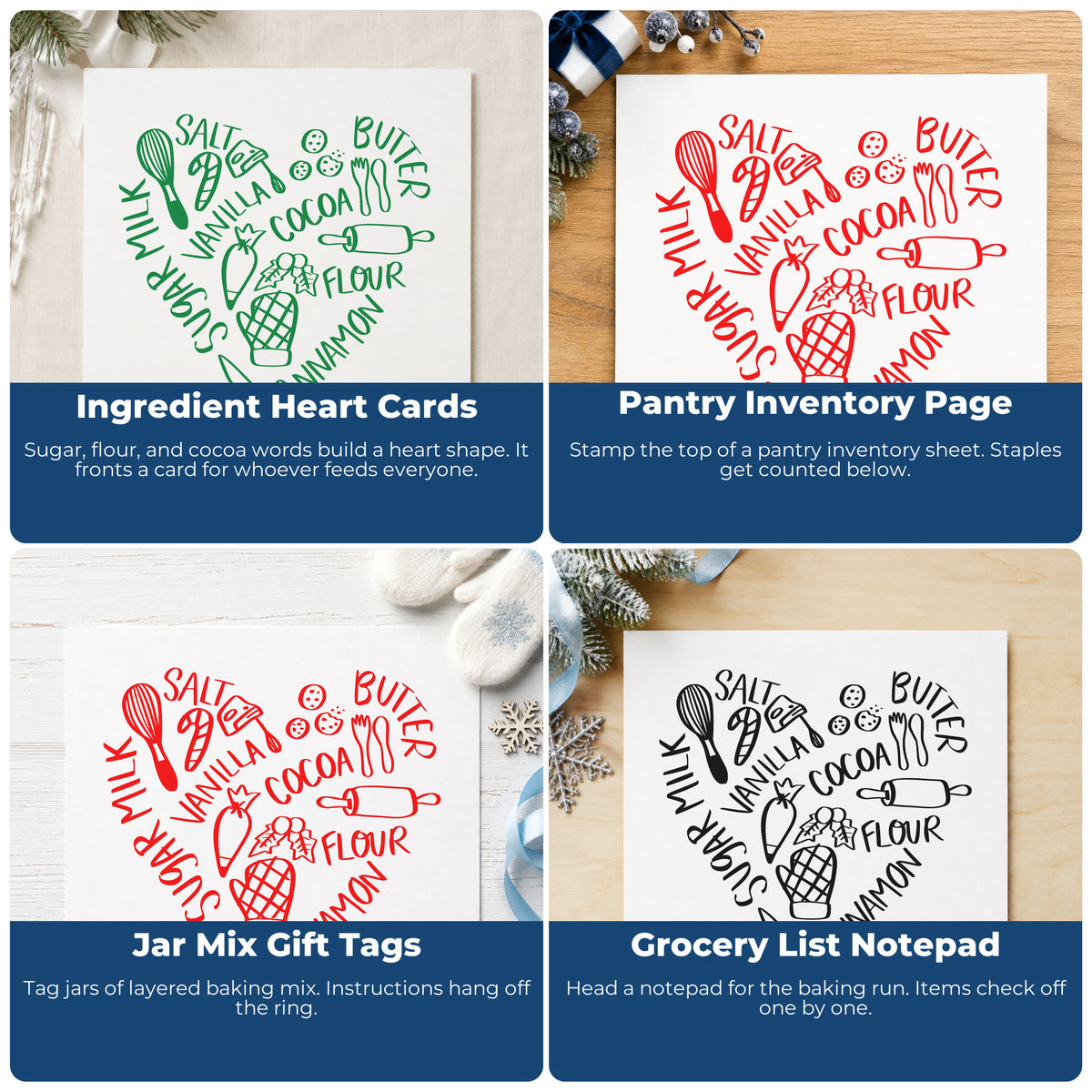 Four ways to use the Baking Ingredients Heart Hot Cocoa Stamp – Self-Inking: ingredient heart cards, pantry inventory page, jar mix gift tags and grocery list notepad.