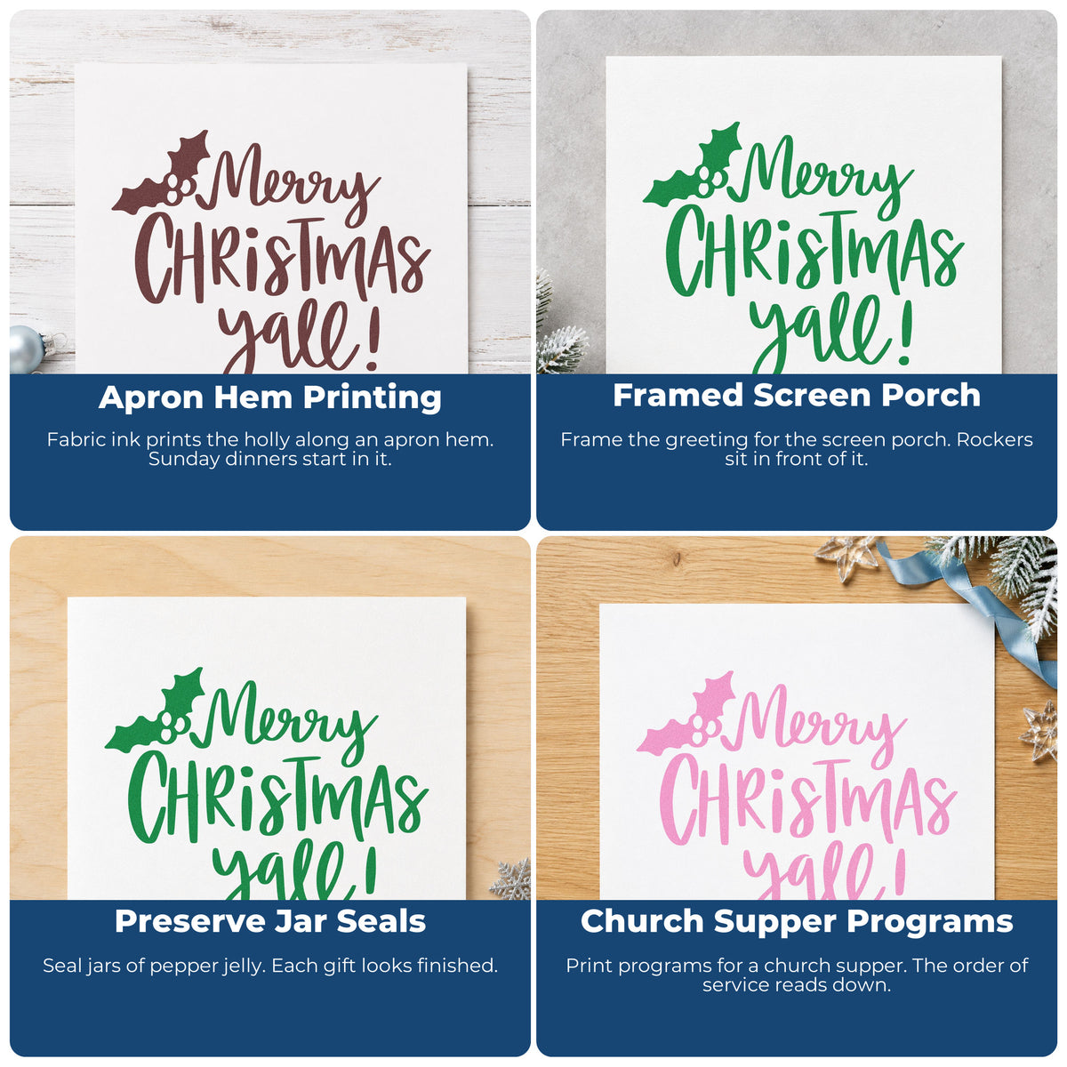 Four ways to use the Holly Merry Christmas Yall Lettering Wood Handle Stamp: apron hem printing, framed screen porch, preserve jar seals and church supper programs.