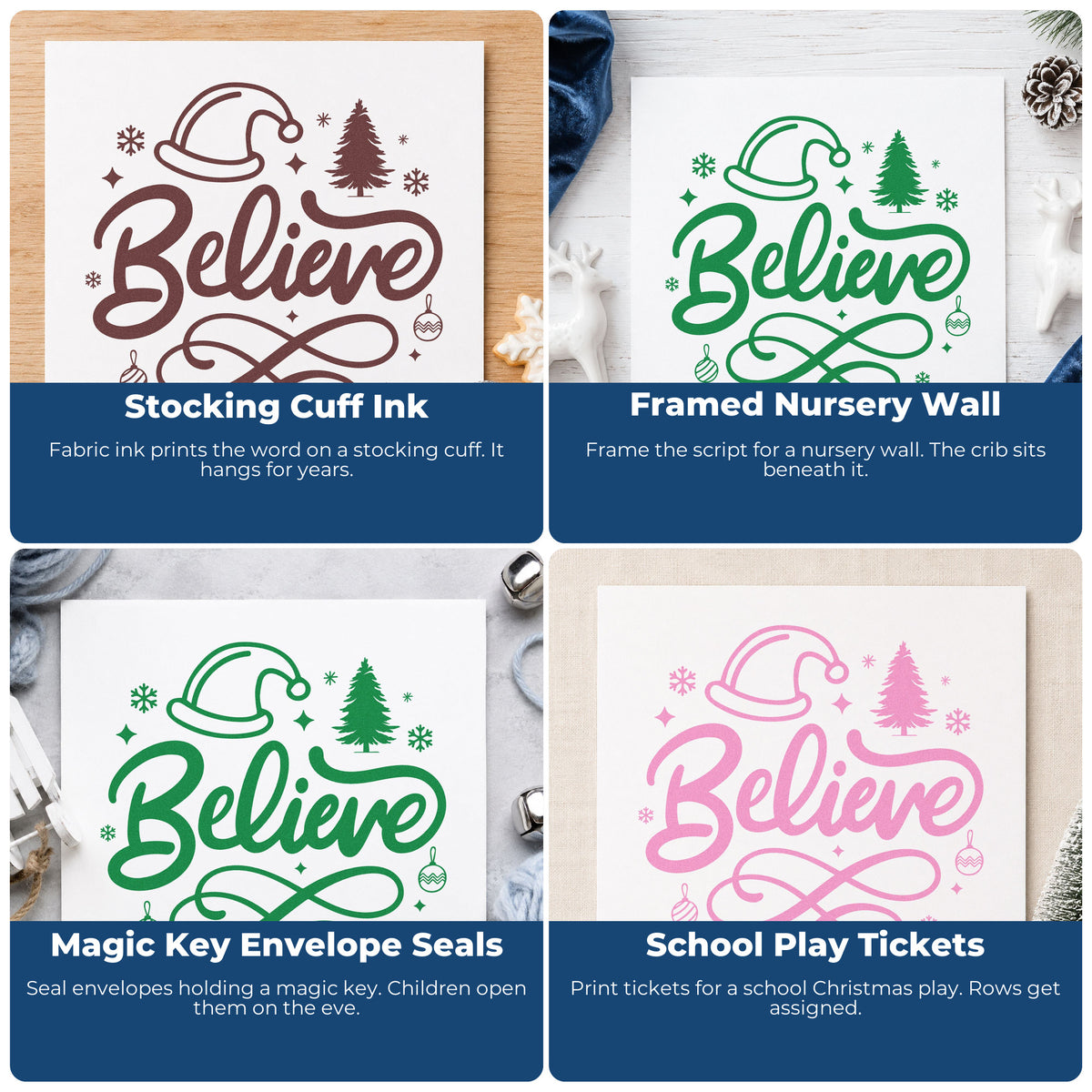 Four ways to use the Premium Wooden Believe Christmas Hat Tree Snowflakes Stamp - Vintage Pro: stocking cuff ink, framed nursery wall, magic key envelope seals and school play tickets.