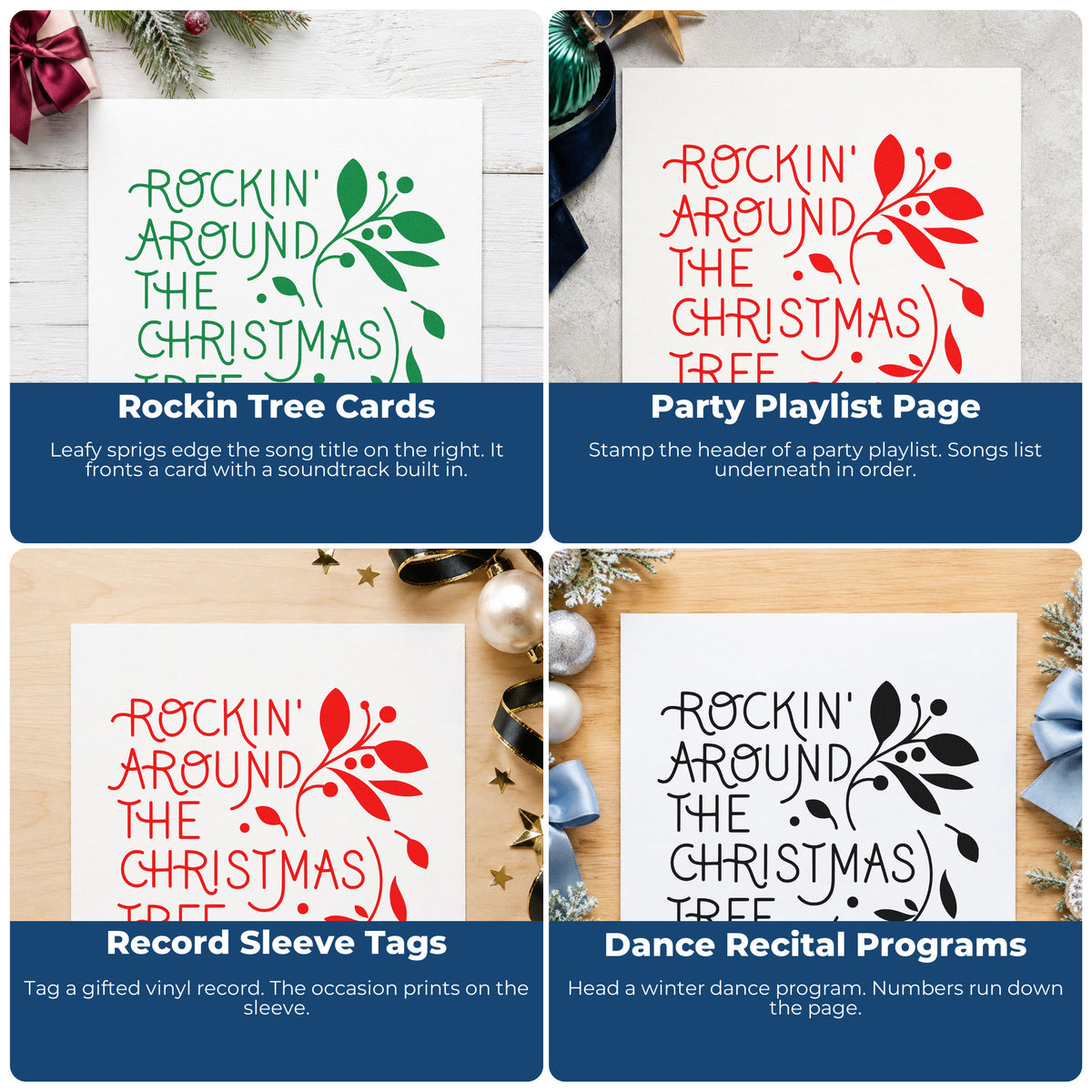 Four ways to use the Rockin' Around The Christmas Tree Premium Wooden Stamp - Vintage Pro: rockin tree cards, party playlist page, record sleeve tags and dance recital programs.