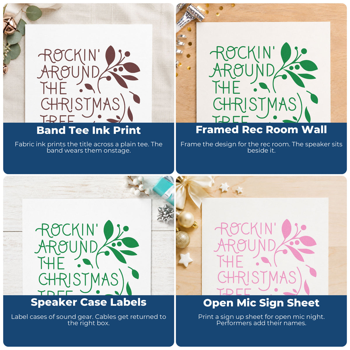 Four ways to use the Rockin' Around The Christmas Tree Premium Wooden Stamp - Vintage Pro: band tee ink print, framed rec room wall, speaker case labels and open mic sign sheet.