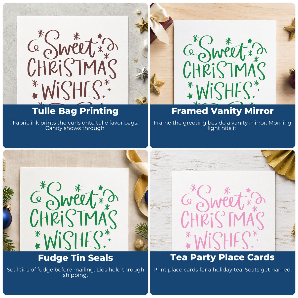 Christmas rubber stamp ideas for envelope decoration, cookie exchange labels, holiday scrapbooks, and DIY candle gift wraps.
