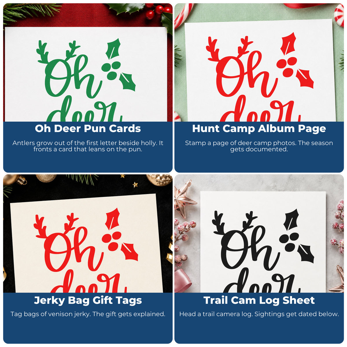 Four ways to use the Oh Deer Antlers Holly PSI Pre-Inked Stamp: oh deer pun cards, hunt camp album page, jerky bag gift tags and trail cam log sheet.
