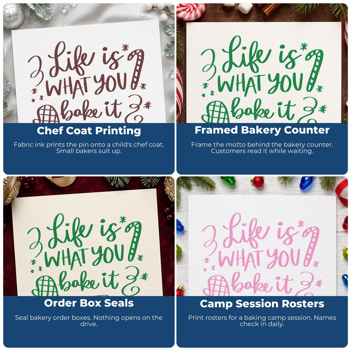 Four ways to use the Life Is What You Bake Stamp - Premium Vintage Pro Wooden: chef coat printing, framed bakery counter, order box seals and camp session rosters.