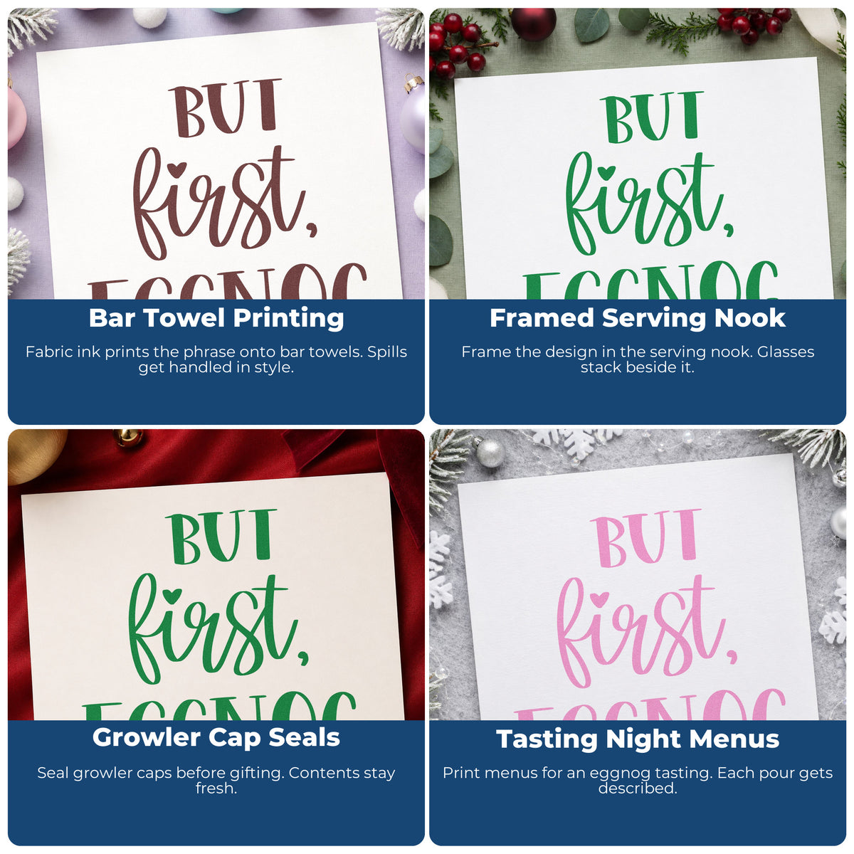 Four ways to use the Premium Wooden But First, Eggnog Serif Lettering Stamp - Vintage Pro: bar towel printing, framed serving nook, growler cap seals and tasting night menus.