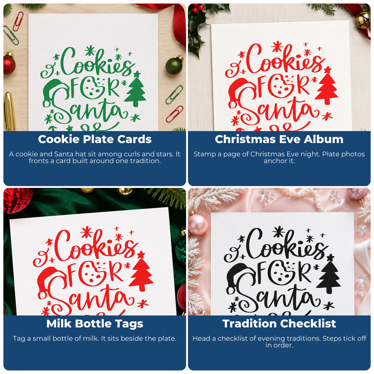 Four ways to use the Cookies For Santa Stamp – Wood Handle: cookie plate cards, christmas eve album, milk bottle tags and tradition checklist.