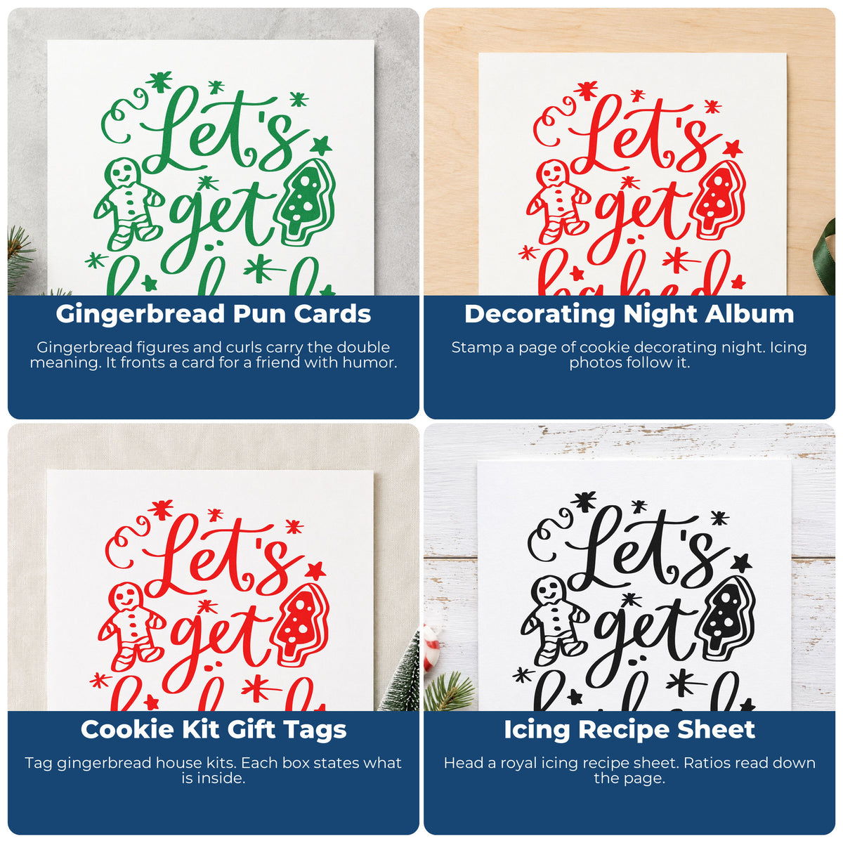 Four ways to use the Let's Get Baked Cookies Premium Wood-Mounted Stamp - Vintage Pro: gingerbread pun cards, decorating night album, cookie kit gift tags and icing recipe sheet.