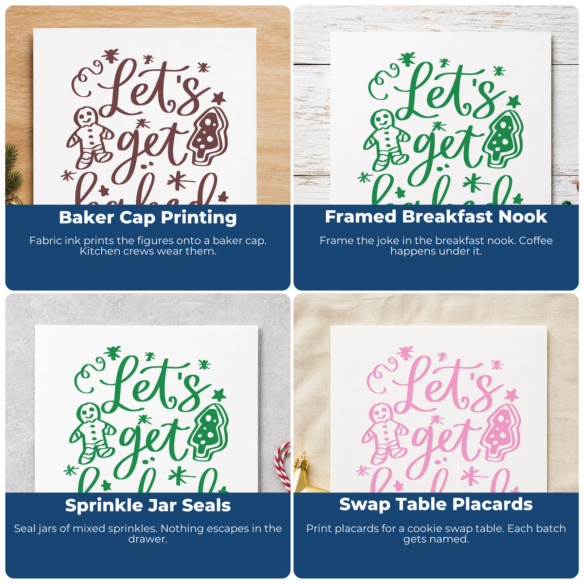 Four ways to use the Let's Get Baked Cookies Premium Wood-Mounted Stamp - Vintage Pro: baker cap printing, framed breakfast nook, sprinkle jar seals and swap table placards.