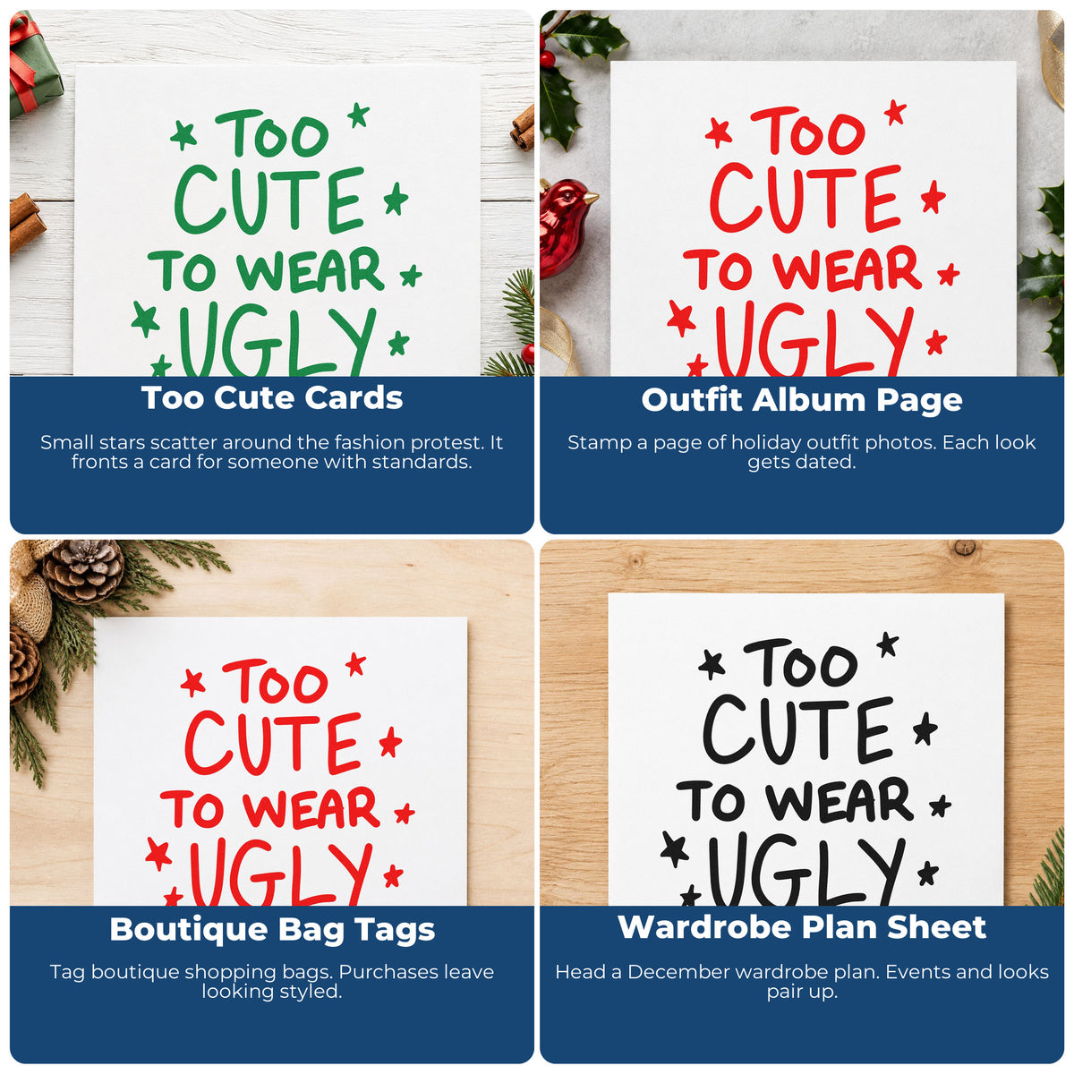 Four ways to use the Premium Wooden Too Cute Ugly Sweaters Stamp - Vintage Pro: too cute cards, outfit album page, boutique bag tags and wardrobe plan sheet.