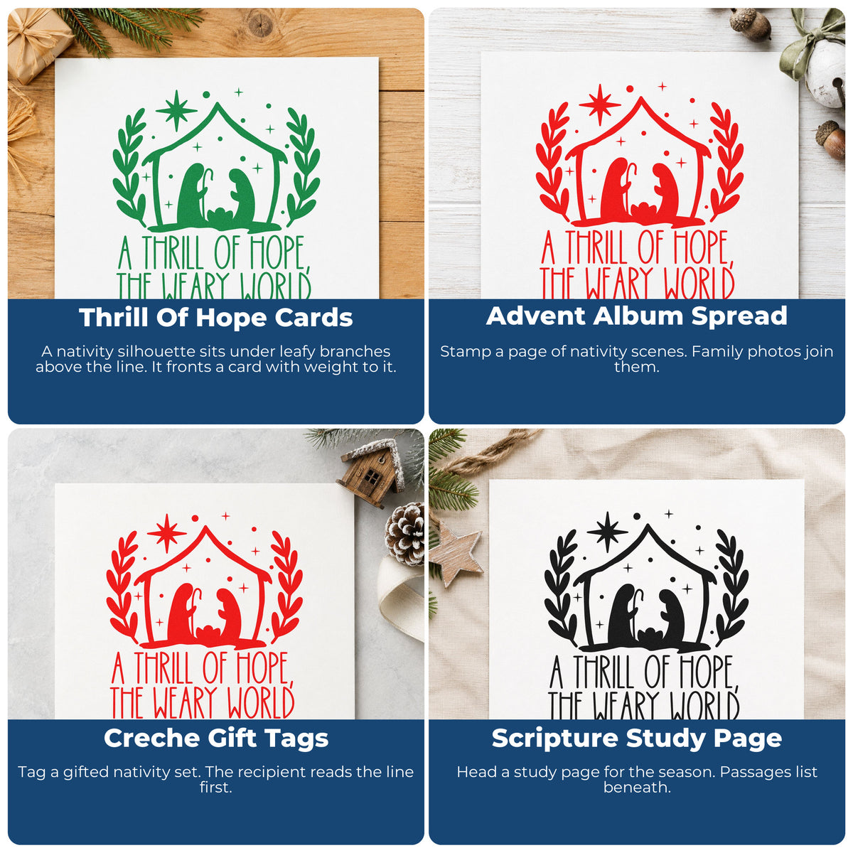 Four ways to use the Thrill Of Hope Nativity Premium Wooden Stamp - Vintage Pro: thrill of hope cards, advent album spread, creche gift tags and scripture study page.