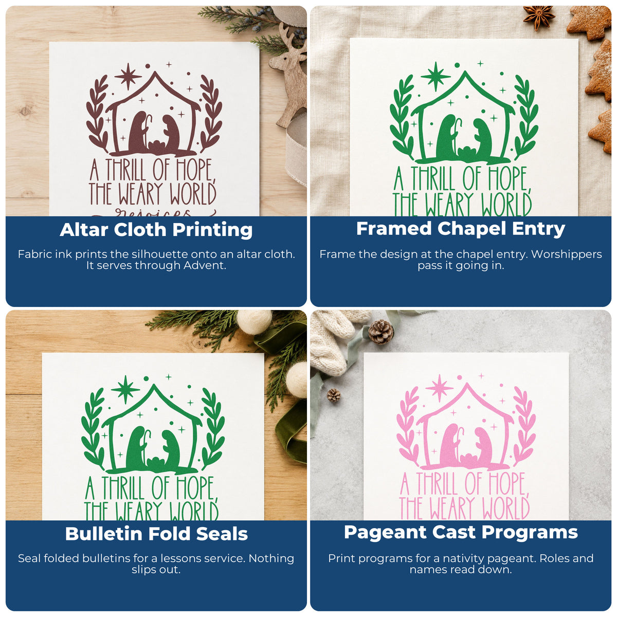 Four ways to use the Thrill Of Hope Nativity Premium Wooden Stamp - Vintage Pro: altar cloth printing, framed chapel entry, bulletin fold seals and pageant cast programs.