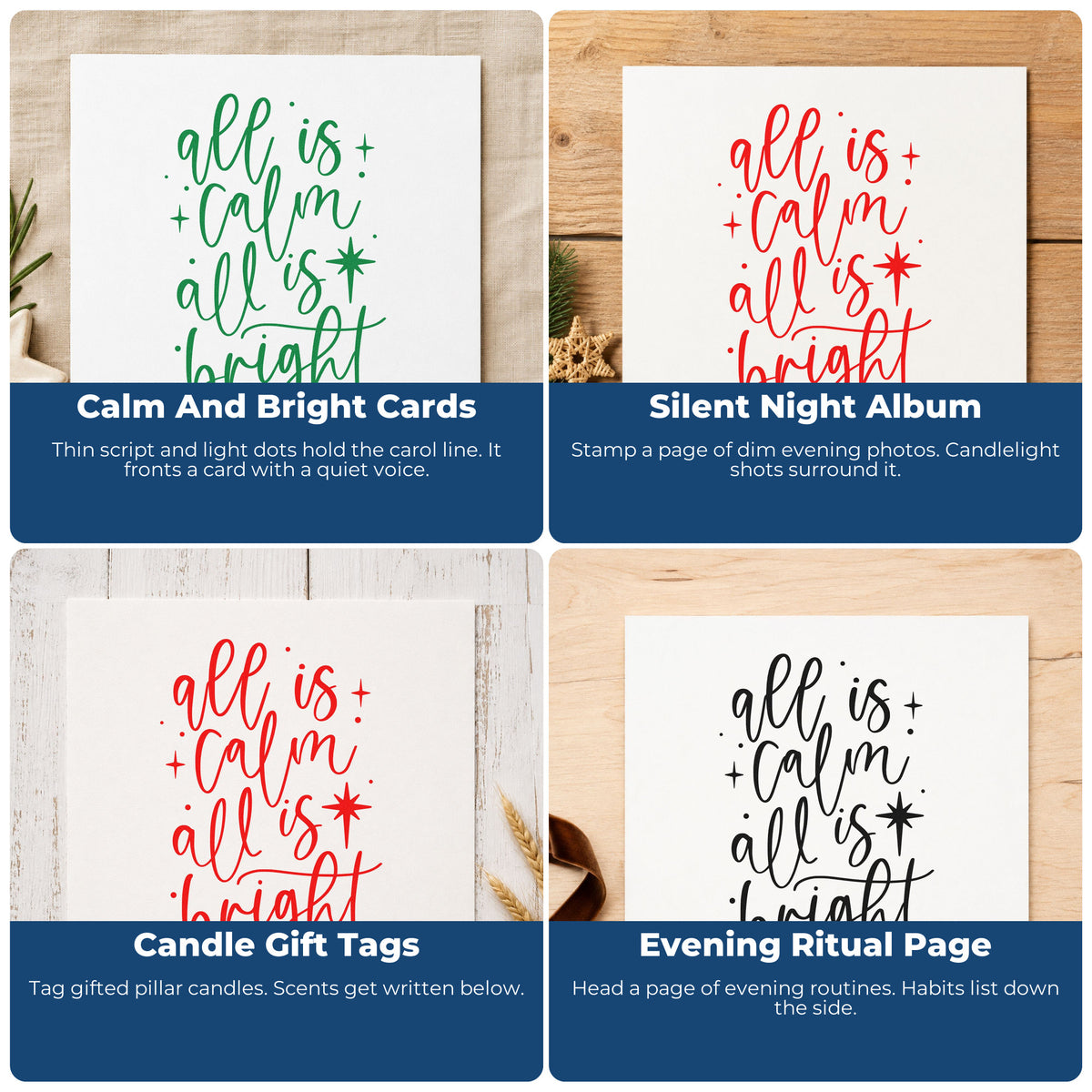 Four ways to use the All Calm All Bright Hand Stamp – Duo: calm and bright cards, silent night album, candle gift tags and evening ritual page.