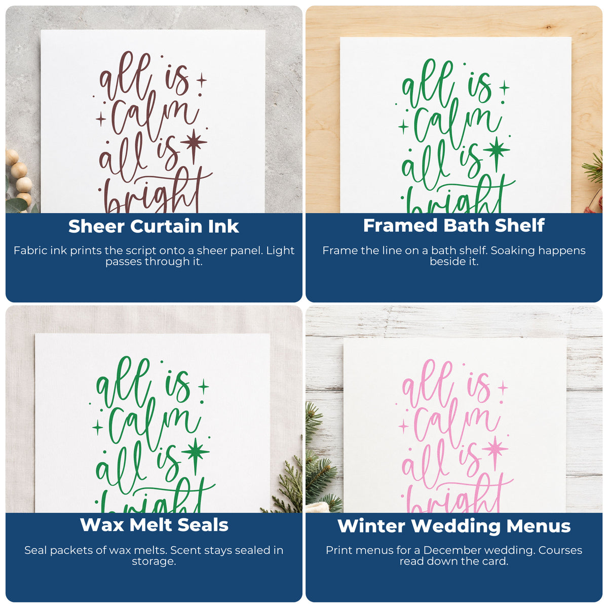 Four ways to use the All Calm All Bright Hand Stamp – Duo: sheer curtain ink, framed bath shelf, wax melt seals and winter wedding menus.