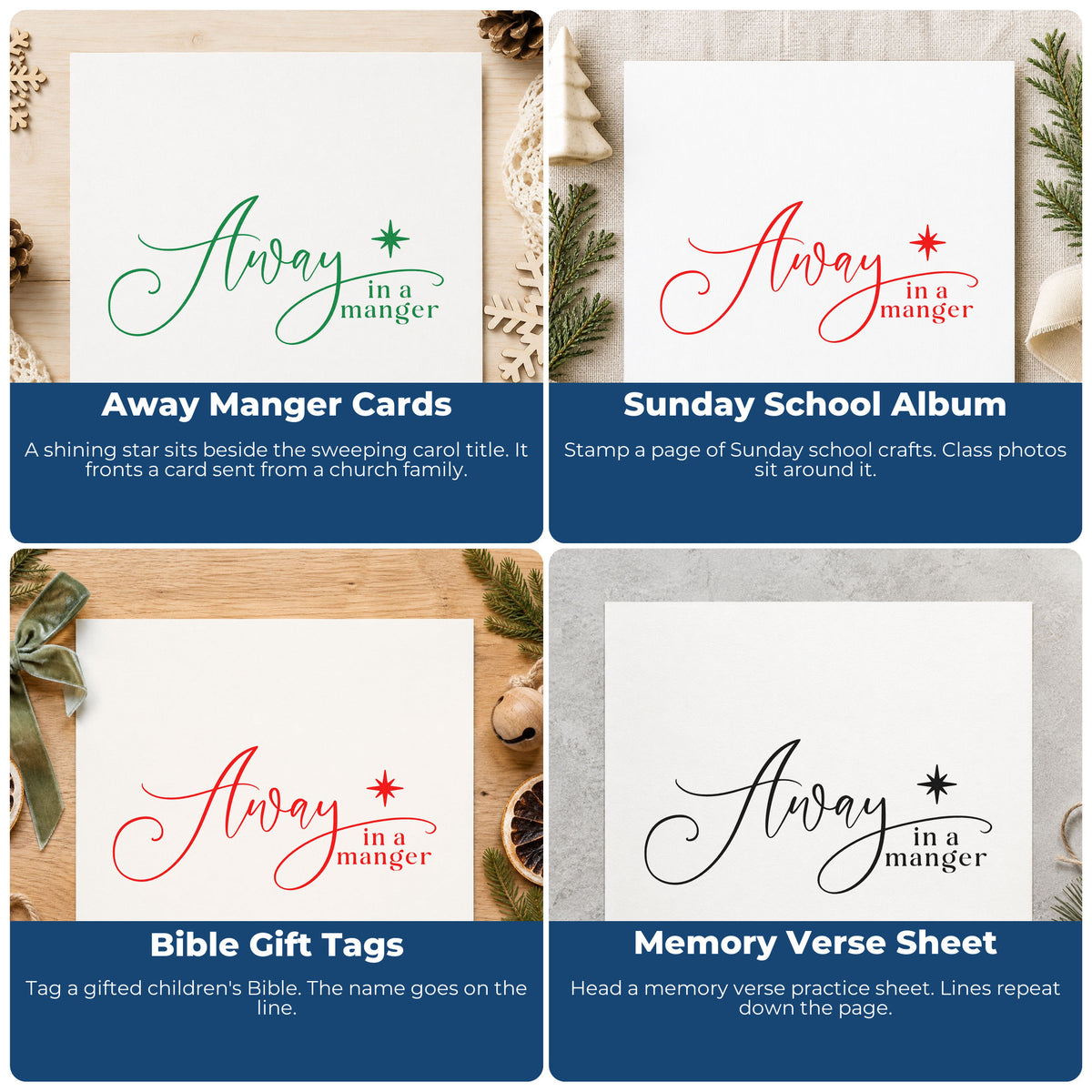 Four ways to use the Away In A Manger Self-Inking Stamp: away manger cards, sunday school album, bible gift tags and memory verse sheet.