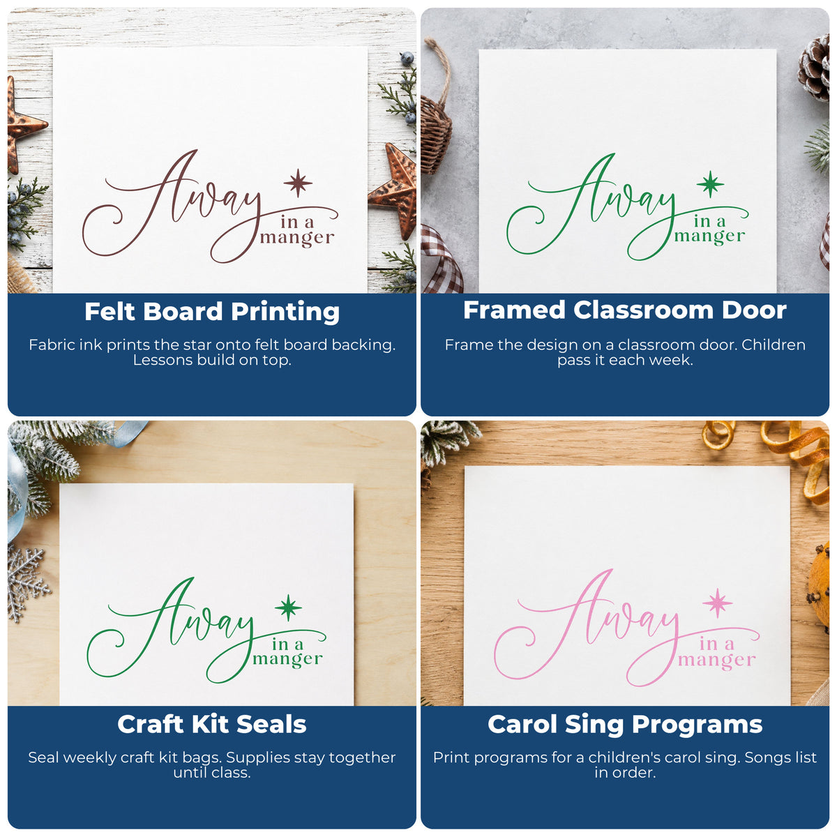 Four ways to use the Vintage Pro Away In A Manger Premium Wooden Stamp: felt board printing, framed classroom door, craft kit seals and carol sing programs.