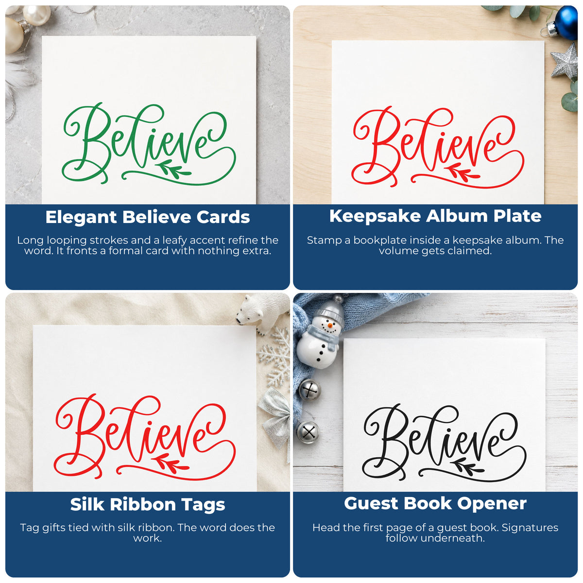 Four ways to use the Believe With Leaf Flourished Lettering Pre-Inked Stamp – Slim: elegant believe cards, keepsake album plate, silk ribbon tags and guest book opener.
