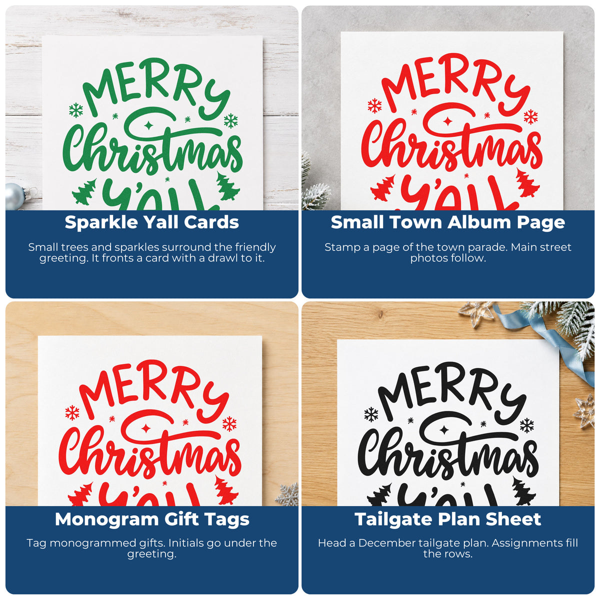 Four ways to use the Merry Christmas Yall Trees Stamp – Wood Handle: sparkle yall cards, small town album page, monogram gift tags and tailgate plan sheet.
