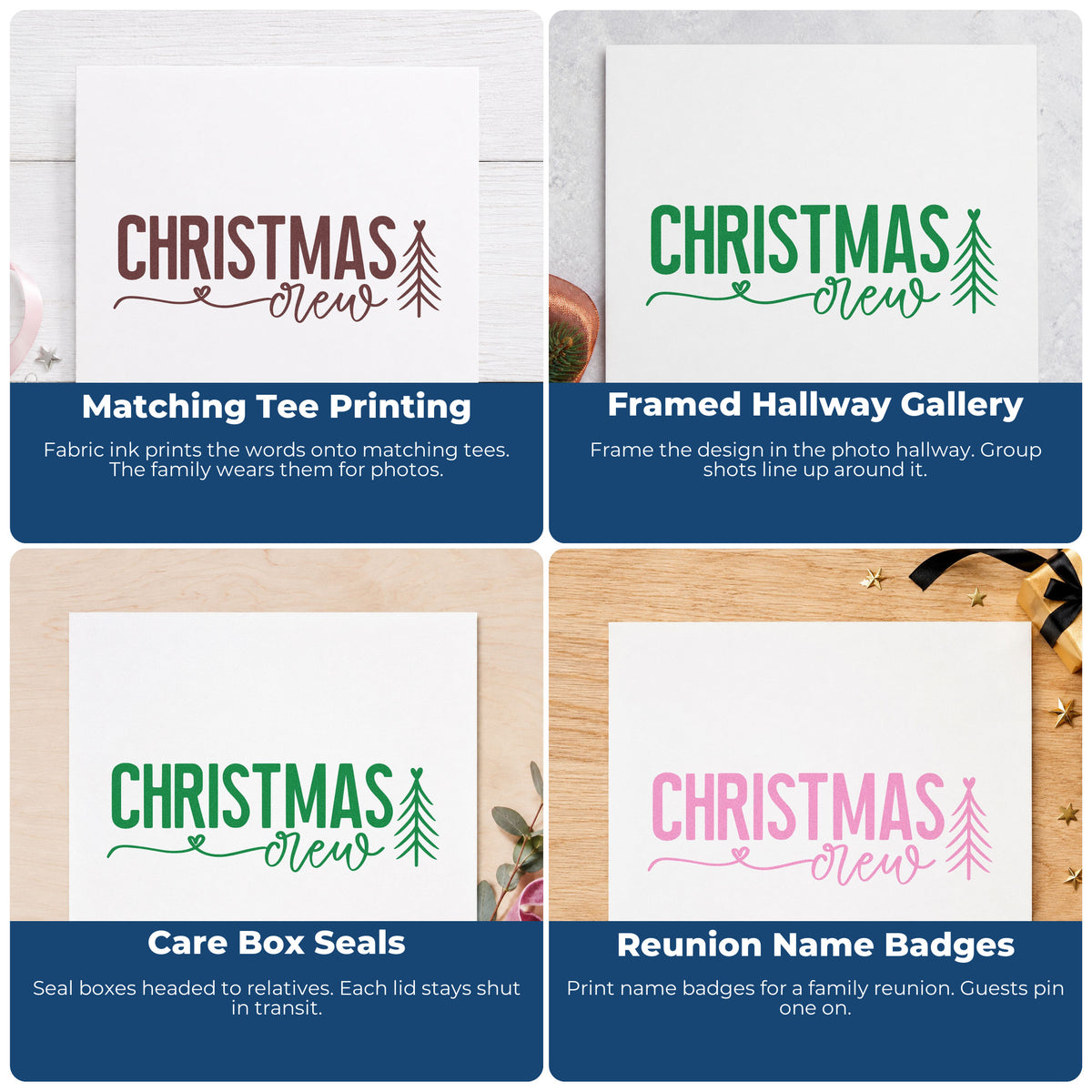 Four ways to use the Christmas Crew With Tree And Heart PSI Pre-Inked Stamp: matching tee printing, framed hallway gallery, care box seals and reunion name badges.