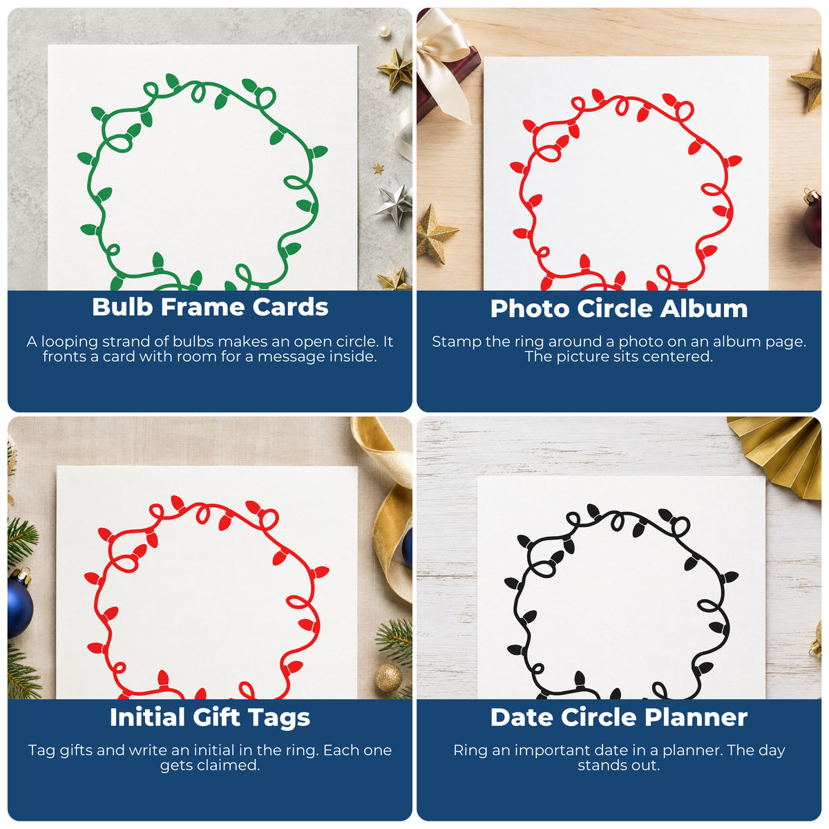 Four ways to use the Christmas Light Ring Border Premium Wooden Stamp - Vintage Pro: bulb frame cards, photo circle album, initial gift tags and date circle planner.